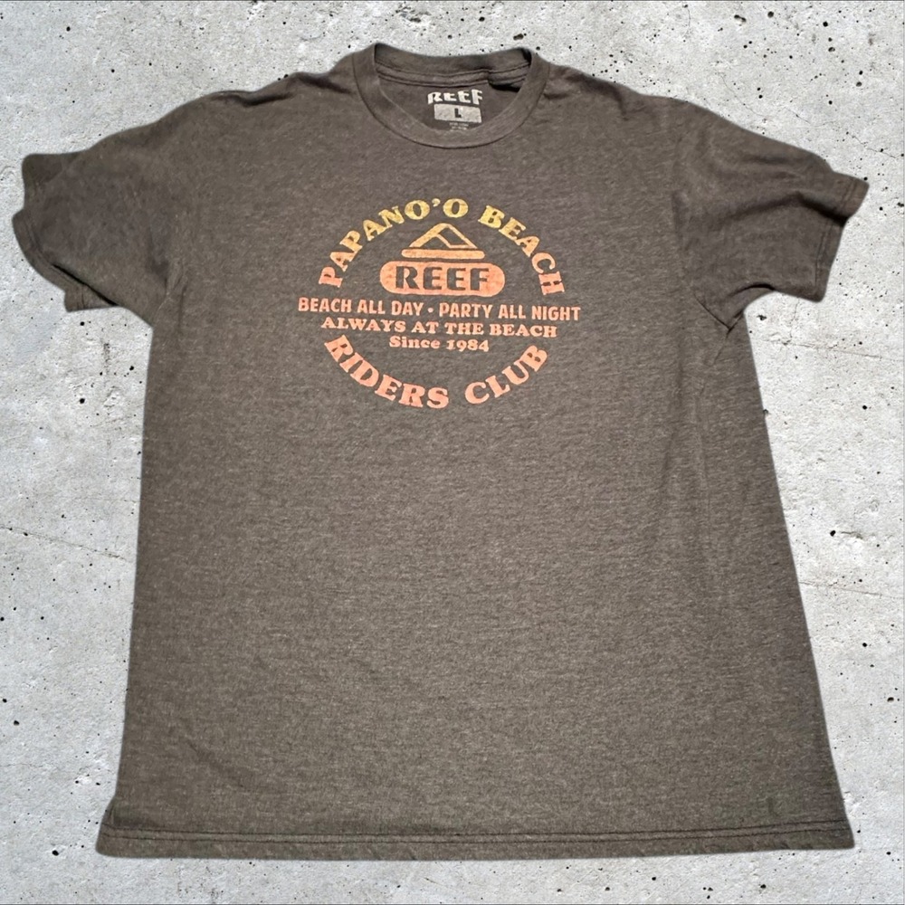 Reef Papanoo Beach Riders Club Graphic T-Shirt Mens Large Brown Heathered L READ